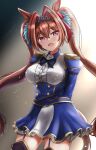  1girl aiguillette animal_ears black_bow black_thighhighs blue_jacket blue_skirt blush bow breasts brown_hair center_frills commentary_request daiwa_scarlet_(peak_blue)_(umamusume) daiwa_scarlet_(umamusume) epaulettes fang frills garter_straps hair_intakes highres horse_ears horse_girl horse_tail jacket juliet_sleeves large_breasts layered_skirt long_hair long_sleeves looking_at_viewer open_mouth puffy_sleeves red_eyes shirt skirt smile solo tail thighhighs tiara tofu_thunder twintails umamusume very_long_hair white_shirt white_skirt 