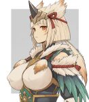  1girl bishaten_(armor) blonde_hair bob_cut breasts closed_mouth commentary_request covered_nipples dated grey_background highres large_breasts long_hair looking_at_viewer monster_hunter_(character) monster_hunter_(series) orange_eyes ponytail revision seo_tatsuya short_hair solo two-tone_background upper_body white_background 