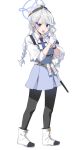  1girl absurdres ahoge black_pantyhose blue_archive blue_dress blue_eyes blue_hat blue_necktie boots braid collared_shirt commentary_request dress full_body gloves grey_hair gun hair_ornament hairclip half_gloves halo hat highres holding holding_gun holding_weapon kirino_(blue_archive) long_hair long_sleeves looking_at_viewer low_twintails necktie open_mouth pantyhose pleated_dress revolver ryoji_minato shirt simple_background smith_&amp;_wesson_360 solo standing twin_braids twintails v-shaped_eyebrows very_long_hair weapon white_background white_boots white_gloves white_shirt 