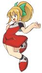  black_buttons blonde_hair blue_eyes boots collar dress green_ribbon happy highres mechanical_boots mega_man_(classic) mega_man_(series) mega_man_11 open_mouth ponytail red_boots red_dress ribbon robot_girl roll_(mega_man) short_sleeves simple_background tikuwabu_33 white_background white_collar 