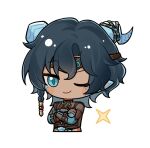  1boy angert_(infinity_nikki) artist_request black_hair blue_eyes blue_horns blue_scales blue_skin blush_stickers bracer brown_gloves brown_headband brown_shirt chibi closed_mouth colored_extremities colored_inner_hair colored_skin cropped_shirt cropped_torso crossed_arms dark-skinned_male dark_skin dragon_boy dragon_horns gloves hair_between_eyes happy headband horn_ornament horn_ribbon horns infinity_nikki looking_at_viewer male_focus midriff multicolored_hair multicolored_skin nikki_(series) official_art one_eye_closed parksolian_(infinity_nikki) partially_fingerless_gloves pointy_ears ribbon shirt short_hair short_sleeves slit_pupils smile solo sparkle sticker_(medium) transparent_background tsurime turtleneck turtleneck_shirt two-tone_skin wavy_hair 