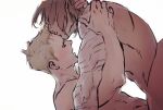  2boys abs arms_up blonde_hair brown_hair bucky_barnes captain_america_(series) closed_eyes from_side groin hand_on_another's_neck hand_on_another's_shoulder implied_sex kiss kissing_forehead lowres male_focus marvel medium_hair multiple_boys nude open_mouth profile prosthesis prosthetic_arm short_sideburns sideburns simple_background steve_rogers white_background yaoi yummyman 