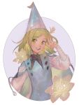  1girl aqua_cloak aqua_hat child cloak coco_(tongari_boushi_no_atelier) commentary conical_hat flower foys_si glitter green_hair hand_up happy hat highres looking_at_viewer medium_hair qifrey's_atelier_apprentice_uniform robe smile solo sparkle teeth tongari_boushi_no_atelier upper_body white_robe wizard_hat yellow_eyes yellow_flower 