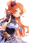  1girl blue_dress blush breasts butterfly_ornament closed_mouth commentary_request dress flower gloves hair_flower hair_ornament hand_up heart highres idolmaster idolmaster_million_live! idolmaster_million_live!_theater_days lace lace_gloves long_hair morpho_paresia_(idolmaster) official_alternate_costume ogami_tamaki one_side_up orange_eyes orange_hair red_flower red_rose rose see-through_clothes see-through_gloves simple_background sleeveless sleeveless_dress smile solo twirling_hair twitter_username upper_body white_background yui111010 