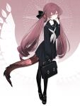  1girl bag black_choker black_pantyhose black_serafuku black_shoes briefcase chinese_commentary choker collarbone commentary full_body hair_between_eyes hair_intakes head_wings highres holding holding_bag ikara_(resonance_solstice) looking_at_viewer low_twintails mary_janes neckerchief pantyhose pigeon-toed pink_background pink_eyes pink_hair pleated_skirt resonance_solstice samail scales school_bag school_uniform serafuku shoe_buckle shoes skirt sleeves_past_wrists solo tachi-e tail twintails two-tone_background white_background white_neckerchief wings 