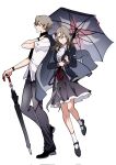  1boy 1girl alternate_costume black_jacket black_pants black_shoes black_skirt black_umbrella caelus_(honkai:_star_rail) center_frills closed_mouth closed_umbrella collared_shirt commentary_request corrupted_twitter_file cosplay dual_persona evernight_(honkai:_star_rail) evernight_(honkai:_star_rail)_(cosplay) evernight_(impression)_(honkai:_star_rail) frilled_shirt frills full_body grey_hair hair_between_eyes hair_ornament highres holding holding_umbrella honkai:_star_rail honkai_(series) jacket long_hair long_sleeves looking_at_viewer march_7th_(honkai:_star_rail) pants parted_lips shirt shoes short_hair short_sleeves simple_background skirt socks stelle_(honkai:_star_rail) trailblazer_(honkai:_star_rail) umbrella white_background white_shirt white_socks yellow_eyes yuelinpanp98413 