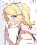  1girl against_wall arm_tattoo black_sailor_collar blonde_hair blue_eyes blush bow bow_hairband commentary_request frilled_shirt frills from_side hair_ornament hairband hairclip heart kagamine_rin looking_back medium_hair neckerchief number_tattoo open_mouth paid_reward_available parallel_hairclips parted_bangs rakugaki_ningen sailor_collar shirt sidelocks simple_background sleeveless sleeveless_shirt solo sweat tattoo vocaloid white_background white_bow white_hairband white_shirt yellow_neckerchief 
