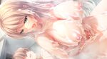  1boy 1girl age_difference bath bathing bathroom blonde_hair blush breasts bunny's_mama_daikou_service censored choco_chip collarbone dutch_angle faceless faceless_male game_asset green_eyes hetero huge_breasts long_hair mixed-sex_bathing mosaic_censoring ninomiya_rinko nipples nude open_mouth penis shared_bathing sitting soap_bubbles tiles tongue tongue_out wet 