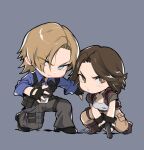  1boy 1girl black_gloves black_shoes blonde_hair blue_eyes blue_shirt boots breasts brown_boots brown_eyes brown_hair brown_pants bulletproof_vest cargo_pants chibi chibi_only cleavage collared_shirt commentary facial_hair fingerless_gloves furrowed_brow gloves grey_background grey_pants gun handgun helena_harper highres holding holding_gun holding_weapon leon_s._kennedy light_blush looking_at_viewer medium_breasts mustache_stubble on_one_knee pants parted_lips resident_evil resident_evil_6 shirt shoes sleeves_rolled_up stubble vinetsu weapon white_shirt 