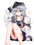  1girl anchor_symbol artist_name bare_legs barefoot black_hat black_sailor_collar black_skirt blue_eyes blue_hair blue_one-piece_swimsuit blush character_name commentary_request feet flat_cap full_body hair_between_eyes hat hat_pin hibiki_(kancolle) highres kantai_collection knees_up long_hair long_sidelocks long_sleeves looking_at_viewer name_tag neckerchief one-piece_swimsuit open_clothes open_mouth open_shirt pleated_skirt r_you_yabai red_neckerchief sailor_collar school_swimsuit sidelocks signature simple_background sitting skirt solo sun_symbol swimsuit twitter_username white_background 