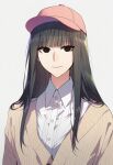  1girl baseball_cap black_eyes black_hair brown_jacket closed_mouth collared_shirt commentary_request dress_shirt grey_background hat highres jacket kisaragi_shokuin long_hair looking_at_viewer original pink_hat shirt simple_background smile solo upper_body white_shirt 
