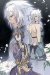  1girl 2boys backless_outfit bandaged_arm bandaged_leg bandaged_neck bandages black_background black_gloves black_hairband blindfold blue_eyes blue_negligee blue_sleeves blunt_bangs braid braided_hair_rings breasts brown_eyes brown_hair closed_mouth commentary_request detached_sleeves emil_(human)_(nier) emil_(nier) falling_petals flower frilled_shirt frills gloves grey_hair hair_between_eyes hair_flower hair_ornament hair_rings hairband hand_on_own_chest highres jacket kaine_(nier) medium_breasts medium_hair multiple_boys negligee nier_(brother) nier_(brother)_(post_timeskip) nier_(series) oriiiikuto pants parted_lips petals purple_jacket purple_pants sash shirt short_hair single_bare_shoulder thigh_strap updo white_flower white_petals white_shirt yellow_sash 