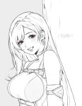  1girl artist_name bare_shoulders belt_buckle blush breasts buckle chest_harness choker collarbone commentary detached_sleeves earrings english_commentary eyelashes final_fantasy final_fantasy_vii final_fantasy_vii_remake final_fantasy_vii_revelation greyscale grin hair_behind_ear harness jewelry large_breasts long_hair looking_at_viewer monochrome official_alternate_costume red_eyes smile solo spot_color swept_bangs teardrop tifa_lockhart tifa_lockhart_(black_mage) unfinished upper_body yiiande 