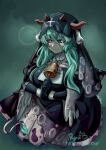 1girl animal_ears bead_necklace beads bell black_dress black_gloves black_sclera blue_eyes coffin_hair_ornament colored_sclera commentary cow_ears cow_girl cow_horns cowbell crelly crelly_(mold_mother) cross cross-shaped_pupils cross_earrings dress earrings english_commentary gloves green_background green_hair grey_sclera hair_between_eyes heterochromia highres horns indie_virtual_youtuber jewelry long_hair mismatched_pupils mold necklace nun_headdress open_mouth own_hands_together patreon_username praying red_eyes ryufboi solo symbol-shaped_pupils virtual_youtuber 
