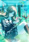  1girl artist_request bang_dream! bang_dream!_it's_mygo!!!!! black_socks blue_eyes blue_serafuku blue_skirt brown_hair chinese_commentary closed_mouth commentary_request commission feet_out_of_frame fish fish_tank highres knees_up long_hair long_sleeves looking_at_viewer nagasaki_soyo pleated_skirt sailor_collar school_uniform second-party_source serafuku sidelocks sitting skirt smile socks solo submerged tsukinomori_school_uniform underwater water water_tank white_sailor_collar winter_uniform 