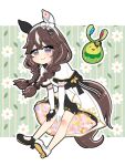  1girl animal_ears asymmetrical_footwear asymmetrical_gloves blush braid braided_sidelocks breasts brown_hair budew closed_eyes closed_mouth commentary_request curren_bouquetd'or_(racing)_(umamusume) curren_bouquetd'or_(umamusume) dress ear_covers elbow_gloves floral_print flower gloves grey_eyes hair_between_eyes hairband horse_ears horse_girl horse_tail long_hair looking_at_viewer low_twin_braids mismatched_ear_covers mismatched_footwear mismatched_gloves multicolored_hair open_mouth pokemon short_sleeves sidelocks smile streaked_hair tail trait_connection twin_braids umamusume white_dress white_streaks yamtwtw_osada 