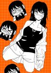  1girl black_shirt chainsaw_man chibi collared_shirt commentary_request fourth_east_high_school_uniform fyrvwyhrdgjlfka highres jacket kneeling long_sleeves looking_to_the_side monochrome neck_ribbon orange_background ribbon ringed_eyes scar scar_on_cheek scar_on_face scar_on_nose school_uniform shirt shorts sidelocks x_eye yoru_(chainsaw_man) 