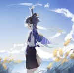  1boy absurdres arms_up black_shorts blue_hair blue_sky bridal_gauntlets closed_eyes cloud commentary day from_side genshin_impact highres horizon juine male_focus ocean outdoors parted_lips profile scaramouche_(genshin_impact) shirt shorts sky solo wanderer_(genshin_impact) water white_shirt 