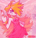  ahoge blonde_hair blue_eyes blush bracelet city dress earrings ellie_lotus gold_bracelet gold_necklace gold_ring hair_over_one_eye highres hoop_earrings jewelry long_hair looking_at_viewer middle_finger multiple_rings necklace panty_&amp;_stocking_with_garterbelt panty_(psg) pink_sky pink_theme red_dress ring sharp_teeth sky teeth 