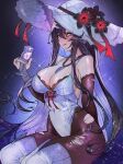  1girl adapted_costume black_gloves black_hair black_pantyhose breasts cleavage commentary cup demon_girl demon_horns elbow_gloves gloves hat highres holding holding_cup honkai:_star_rail honkai_(series) horns jewelry large_breasts leotard licking_lips long_hair looking_at_viewer mole necklace pantyhose purple_eyes sanya_(sanya_lox228) sitting solo the_dahlia_(honkai:_star_rail) tongue tongue_out torn_clothes torn_pantyhose very_long_hair white_hat white_leotard 