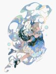 1girl absurdres ankle_socks back_bow beads beret black_bow black_shoes blonde_hair bloomers blue_bloomers blue_bow blue_bowtie blue_butterfly blue_choker blue_dress blue_sleeves blue_wrist_cuffs bow bow_choker bowtie brown_eyes bubble bubble_print bubbly_voyage_(infinity_nikki) bug butterfly butterfly_on_hand choker closed_mouth collared_dress commentary detached_sleeves dress floating floating_clothes floating_hair frilled_dress frilled_sleeves frilled_socks frilled_wrist_cuffs frills full_body grey_background hair_ornament hair_rings hairclip happy hat hat_bow hat_ornament highres infinity_nikki looking_at_viewer mary_janes medium_dress nikki_(series) outstretched_arm print_dress rabbit_hair_ornament sanyang003 see-through_clothes see-through_dress shoes short_hair short_sleeves sidelocks simple_background smile socks solo star_(symbol) star_hat_ornament strapless strapless_dress striped_clothes striped_dress tareme twitter_username vertical-striped_clothes vertical-striped_dress white_hat white_socks wrist_cuffs 