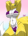  anthro arms_behind_head big_breasts big_thighs bikini black_nose blue_eyes breasts canine chest_tuft clothing digimon female fox front fur looking_at_viewer mammal muscles muscular_female pose renamon shiny slypon solo standing swimsuit thick_thighs thong tight_clothing tuft white_fur white_skin yellow_skin 
