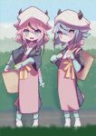  2girls absurdres adversarial_noise apron basket blue_eyes blue_hair blurry blurry_foreground commentary farm farmer floral_print green_kimono harvest headscarf highres holding holding_basket holding_strap horns japanese_clothes kimono kokodoko_(g_kkdk) looking_at_viewer meika_hime meika_mikoto multiple_girls open_mouth pink_eyes pink_hair plant ribbon smile standing tenugui vocaloid wicker_basket yellow_ribbon 