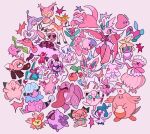  :3 alcremie alcremie_(strawberry_sweet) alcremie_(vanilla_cream) blue_eyes chansey cherrim cherrim_(sunshine) cherubi clefairy corsola dancing deerling deerling_(spring) dubusul enamorus enamorus_(therian) fang flaaffy hat hatenna highres holding holding_marker hoppip impidimp jigglypuff lickitung lurantis luvdisc marker mew_(pokemon) mime_jr. munna musharna no_humans nurse_cap open_mouth oricorio oricorio_(pa'u) pink_theme pokemon pokemon_(creature) porygon porygon-z porygon2 red_eyes signature simple_background skitty slowpoke smoochum snubbull spritzee stufful sylveon tongue tongue_out white_background 