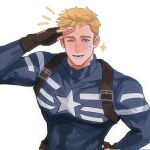  1boy arm_up black_gloves blonde_hair blue_eyes blush captain_america captain_america_(series) chest_harness commentary covered_collarbone gloves hand_on_own_hip harness highres long_sleeves looking_at_viewer lower_teeth_only male_focus marvel one_eye_closed open_mouth parted_hair salute short_hair sideburns smile solo steve_rogers sticker sticker_on_face superhero_costume teeth tomatoo518 