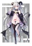  1girl :d ahoge anklet arm_at_side arthur_ishii ass_visible_through_thighs asymmetrical_legwear bare_shoulders barefoot belt belt_bra black_belt black_jacket black_thighhighs blush border breasts commentary_request demon_girl demon_horns demon_tail demon_wings detached_collar drop_shadow earrings eyelashes fang frilled_sleeves frills full_body grey_hair groin hand_up highres horns indoors jacket jacket_partially_removed jewelry long_hair long_sleeves looking_at_viewer low_wings maebari nail_polish navel no_panties no_shoes open_clothes open_jacket open_mouth original outside_border pointy_ears pubic_tattoo red_eyes red_nails sidelocks single_thighhigh skin_fang small_breasts smile solo standing stomach tail tail_ornament tail_raised tail_ring tattoo thigh_gap thigh_strap thighhighs thighs toenail_polish toenails toes very_long_hair white_border wide_sleeves wings 