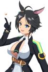  1girl ahoge animal_ears belt black_gloves black_hair black_jacket black_necktie blue_eyes blush breasts brown_belt center_frills center_opening collared_shirt commentary_request ddren_(aikatsu) ear_ornament ear_piercing frilled_shirt frills fuji_kiseki_(shooting_star_revue)_(umamusume) fuji_kiseki_(umamusume) gloves horse_ears horse_girl jacket long_sleeves looking_at_viewer multicolored_hair necktie no_bra open_mouth piercing shirt short_hair simple_background solo teeth umamusume upper_teeth_only white_background white_shirt 