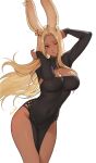  1girl absurdres animal_ears arched_back arms_up artist_name black_dress black_shrug black_sleeves blonde_hair breasts commentary covered_nipples cowboy_shot curvy dark-skinned_female dark_skin dress earrings english_commentary eyelashes final_fantasy final_fantasy_xiv green_eyes highres huge_breasts jewelry leaning lilisette_illderthane_(lilisettexiv) long_hair long_sleeves looking_to_the_side one_eye_closed original parted_bangs parted_hair parted_lips pelvic_curtain quilm rabbit_ears shrug_(clothing) simple_background single_earring sleeves_past_wrists straight_hair strapless strapless_dress sweat teeth very_long_hair viera warrior_of_light_(ff14) white_background 
