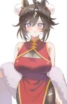  1girl ahoge alternate_costume alternate_hairstyle animal_ears bare_shoulders black_pantyhose blush breasts brown_hair china_dress chinese_clothes cleavage_cutout closed_mouth clothing_cutout commentary double_bun dress duramente_(umamusume) feather_boa hair_bun highres horse_ears horse_girl large_breasts long_hair looking_at_viewer multicolored_hair pantyhose ppingjjyu_(u3pri) purple_eyes red_dress see-through_cleavage see-through_clothes simple_background sleeveless sleeveless_dress smile solo streaked_hair torn_clothes torn_pantyhose umamusume white_background white_streaks 
