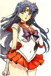  1girl absurdres back_bow bishoujo_senshi_sailor_moon black_hair bow bowtie breasts choker circlet cleavage collarbone commentary_request covered_navel earrings elbow_gloves gloves graphite_(medium) highres hino_rei i4teruz jewelry long_hair looking_at_viewer magical_girl miniskirt open_mouth purple_bow purple_bowtie red_bow red_choker red_sailor_collar red_skirt sailor_collar sailor_mars sailor_senshi sailor_senshi_uniform skirt solo star_(symbol) star_choker star_earrings traditional_media white_gloves 