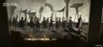  6+boys army battle_standard black_beacon blurry blurry_foreground candle coat column crown flag from_side highres holding holding_polearm holding_shield holding_staff holding_weapon long_hair marching multiple_boys muted_colors pillar polearm ruins scenery shield soldier spear staff walking war_flag weapon white_coat 