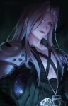  1boy armor belt black_background black_coat black_gloves black_materia chest_strap coat commentary final_fantasy final_fantasy_vii final_fantasy_vii_rebirth final_fantasy_vii_remake final_fantasy_vii_revelation gloves green_eyes grey_hair highres holding kazeya lips long_hair looking_at_viewer male_focus materia parted_bangs sephiroth shoulder_armor solo upper_body 