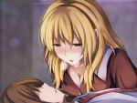 2girls alternate_color alternate_eye_color blonde_hair breasts brown_hair buttons cleavage collarbone collared_shirt commentary_request dress fumei_(mugendai) heavy_breathing long_hair maribel_hearn medium_breasts missing_headwear multiple_girls necktie no_eyes open_mouth red_dress red_eyes red_necktie shirt short_sleeves sleeve_cuffs sweat touhou usami_renko white_shirt yuri 