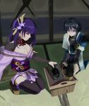  1boy 1girl anemo_symbol_(genshin_impact) ankle_flower armor armpit_crease bad_food black_bodysuit black_bow black_bridal_gauntlets black_eyes black_hair black_shorts black_shrug black_thighhighs blue_cape blue_gem blue_kimono blue_sleeves blunt_bangs blunt_ends bodysuit bow bowl breasts bridal_gauntlets bright_pupils brown_sandals burnt_food cape cleavage closed_mouth commentary_request covered_collarbone fan_hair_ornament feathers fish_skeleton flower food furisode gem genshin_impact gold grey_bridal_gauntlets hair_flower hair_intakes hair_ornament highres hime_cut holding holding_tray indoors japanese_armor japanese_clothes juban kimono kote kurokote large_breasts layered_sleeves leaf long_hair looking_at_food messy_hair mitsudomoe_(shape) mole mole_under_eye mother_and_child mother_and_son nervous_sweating obi obiage obijime off_shoulder okobo open_clothes open_kimono parent_and_child pelvic_curtain pink_eyes platform_sandals pom_pom_(clothes) purple_flower purple_kimono purple_nails purple_sash raiden_shogun red_sash rice sandals sash scaramouche_(genshin_impact) seiza shaded_face short_kimono short_sleeves shorts shoulder_peek shrug_(clothing) side_cape sideways_mouth single_sode sitting sliding_doors soup squatting sweat table tassel tassel_hair_ornament tatami thighhighs tomato315315 tomoe_(symbol) tray tsurime turn_pale wanderer_(genshin_impact) white_kimono white_pupils white_sleeves wispy_bangs yellow_feathers 