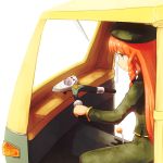  1girl adapted_costume bangs beret blue_eyes braid commentary_request eyebrows_visible_through_hair feet_out_of_frame green_hat green_jacket green_pants hat hong_meiling jacket long_hair long_sleeves orange_hair pants profile shirosato simple_background sitting smile solo star touhou translation_request vehicle vehicle_interior very_long_hair white_background 