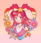  1girl artist_name bare_shoulders blue_eyes blue_flower blush breasts commentary dress english_commentary flower hand_in_own_hair jetbytes jewelry kairi_(kingdom_hearts) kingdom_hearts kingdom_hearts_ii long_hair looking_at_viewer medium_breasts necklace paopu_fruit parted_lips pink_background pink_dress pink_flower pink_lips red_hair smile solo upper_body yellow_flower 