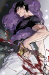  1boy arched_back black_hair black_shirt blood blood_on_face blood_splatter compression_shirt fang from_side fushiguro_toji highres inventory_curse_(jujutsu_kaisen) inverted_spear_of_heaven_(jujutsu_kaisen) jujutsu_kaisen male_focus pants pectorals shirt solo watermark white_pants yuan_jessie0430 