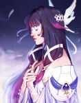  1girl black_hair ceresskp closed_eyes columbina_(genshin_impact) commentary eye_mask from_side genshin_impact gradient_hair hair_ribbon head_wings highres long_hair mask multicolored_hair purple_hair ribbon signature solo two-tone_hair white_mask white_ribbon white_wings wings 