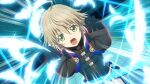  1boy ahoge alternate_costume artist_request black_gloves blonde_hair casting_spell chaos_(xenosaga) chaos_(xenosaga)_(cosplay) commentary_request cosplay cowboy_shot feathers game_asset gloves green_eyes laphicet_(tales) looking_ahead looking_at_viewer official_art open_mouth short_hair solo standing tales_of_(series) tales_of_berseria tales_of_the_rays third-party_source xenosaga 