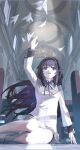  1girl akemi_homura arm_up bare_legs black_capelet black_hair black_hairband bow bowtie capelet chinese_commentary church collared_capelet commentary_request day dress falling_feathers feathers feet_out_of_frame frown grey_capelet grey_skirt hairband highres indoors layered_sleeves light_particles long_hair long_sleeves magical_girl mahou_shoujo_madoka_magica mahou_shoujo_madoka_magica_(anime) miniskirt muqingqingqing no_socks on_floor open_mouth pew pillar pleated_skirt purple_bow purple_bowtie purple_eyes reaching reflective_floor shoes short_dress sitting skirt sneakers solo spotlight teeth two-tone_capelet upper_teeth_only very_long_hair white_dress white_shoes window yokozuwari 