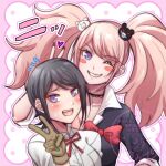  2girls :d ;d bear_hair_ornament black_hair black_shirt blue_eyes blue_w_moon bow breasts brown_gloves collared_shirt commentary danganronpa:_trigger_happy_havoc danganronpa_(series) enoshima_junko freckles gloves grin hair_ornament highres ikusaba_mukuro long_hair multiple_girls one_eye_closed shirt short_hair siblings sisters smile teeth twins twintails untranslatable_commentary v white_shirt 