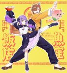  1boy 1girl absurdres arisakaaa_(crazy_raccoon) black_pants boots brown_eyes brown_hair brown_shoes bun_cover closed_mouth commentary_request crazy_raccoon dress hair_ornament hairclip highres holding looking_at_viewer open_mouth orange_shirt outline pants purple_hair sakumadashi shinomiya_runa shirt shoes single_thighhigh sleeves_past_fingers sleeves_past_wrists standing standing_on_one_leg teeth thighhighs virtual_youtuber vspo! white_outline white_thighhighs yellow_background yellow_eyes 