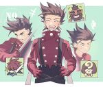  ? anna_irving armor beard black_pants border brown_eyes brown_hair closed_eyes commentary_request cowboy_shot dark_skin dirk_(tales) dwarf facial_hair gloves green_background hands_on_own_hips kratos_aurion laughing light_blush lloyd_irving long_sleeves mohawk open_mouth pants pauldrons pout red_gloves red_hair red_shirt scarf shirt shoulder_armor suspenders sweatdrop sword tales_of_(series) tales_of_symphonia teeth to_powder weapon white_border white_scarf 