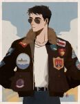  1boy absurdres aviator_sunglasses belt belt_buckle black_belt black_hair black_jacket blue_pants border buckle bupperscotch closed_mouth cloud collarbone commentary cowboy_shot english_commentary eyes_visible_through_eyewear fur-trimmed_collar fur_trim hands_in_pockets highres jacket long_sleeves looking_to_the_side male_focus open_clothes open_jacket outside_border pants patch pete_"maverick"_mitchell shirt short_hair sky solo sunglasses top_gun white_border white_shirt 