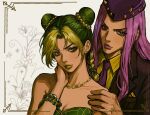 1boy 1girl braid braided_base bun_with_braided_base commentary_request cone_hair_bun double_bun dreadlocks dress green_lips hair_bun jojo_no_kimyou_na_bouken kkaejuk0306 korean_commentary kujo_jolyne lipstick makeup multicolored_hair narciso_anasui stone_ocean suit two-tone_hair 