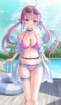  1girl absurdres ahoge bare_shoulders bikini black_bow blue_hair blue_ribbon blue_sky blush bow braid breasts choker cleavage closed_mouth cloud cloudy_sky collarbone colored_inner_hair commentary_request day drill_hair eyewear_on_head frilled_bikini frilled_choker frills hair_ribbon highres hololive innertube knees large_breasts long_hair long_sleeves looking_at_viewer minato_aqua mochiki_927 multicolored_hair navel outdoors palm_tree parasol pink_eyes pink_hair pool pool_ladder purple_bikini ribbon shirt sky smile solo standing stomach streaked_hair sunglasses swim_ring swimsuit thigh_strap thighs tree twin_drills two-tone_hair umbrella virtual_youtuber water white_choker white_shirt 